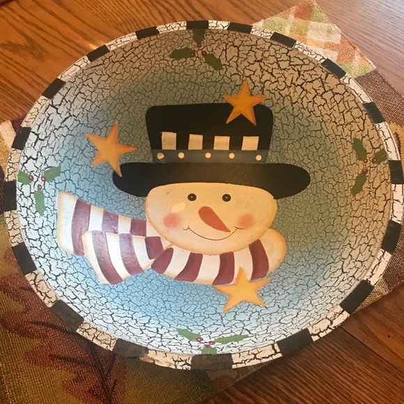 Vintage Crackled Snowman Holiday Bowl - Picture 1 of 5